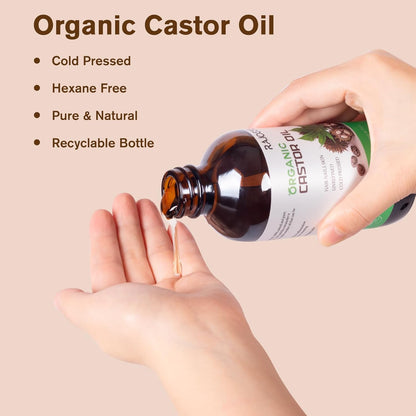 RAJOSEE 32Pcs Castor Oil Packs with Organic Cold Pressed Castor Oil in Glass Bottle, Cotton Wraps for Waist, Back, Neck, Arm, Self-Adhesive