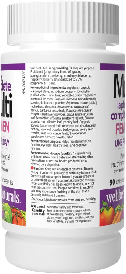 Webber Naturals Most Complete Multi For Women, 90 Capsules, One-Per-Day, Over 55 Vitamins, Minerals, and Whole Food Fruit and Vegetable Sources per Capsule, Vegetarian