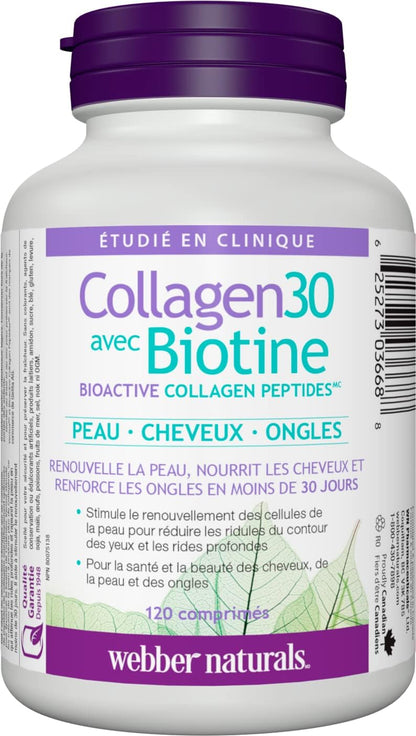 Webber Naturals Collagen30 含生物素，2,500 毫克生物活性膠原蛋白勝肽和 150 毫克檸檬酸鎂，120 粒膠囊，高吸收礦物質，支持骨骼和肌肉功能，不含麩質
