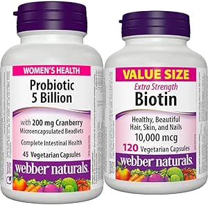 Webber Naturals 蔓越莓益生菌，50 億活性細胞和 10,000 微克生物素，120 粒膠囊，支持健康的頭髮、皮膚和指甲，促進能量代謝，純素