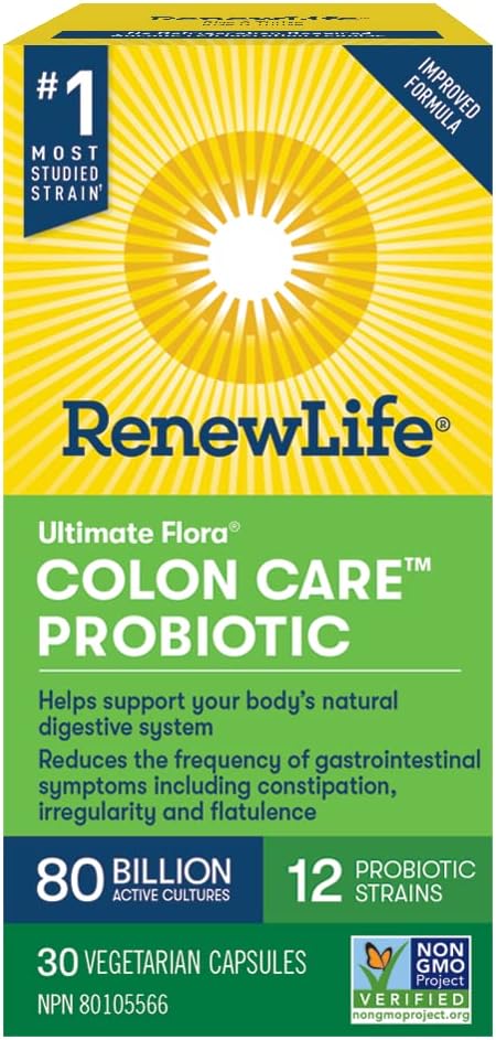Renew Life® Probiotics Ultimate Flora® Colon Care™ Probiotic, Reduces frequency of constipation, nausea, and flatulence, 80 Billion Active Cultures, 30 Vegetarian Capsules