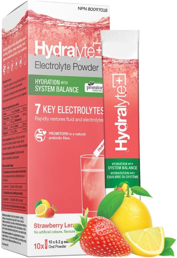 Hydralyte Plus System Balance, Hydration with PROMITOR Prebiotic Fiber, Daily Electrolyte Powder Drink, Strawberry Lemonade 10 ct