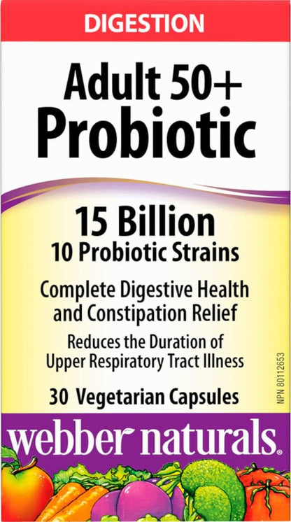 Webber Naturals Probiotic Adult 50+, 15 Billion Active Cells, 10 Probiotic Strains, 30 Capsules, For Digestive Health and Constipation Relief, Vegan