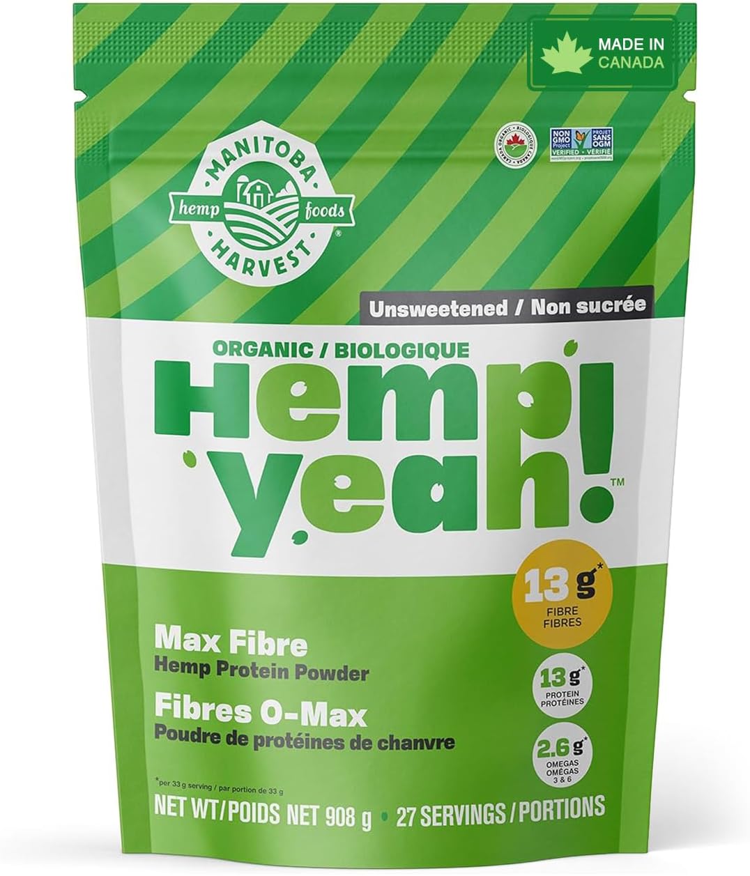 Manitoba Harvest Hemp Yeah! 有机高纤维蛋白粉，无糖，908克；每份含13克纤维、13克蛋白质和2.5克欧米伽3和6，不含防腐剂，非转基因