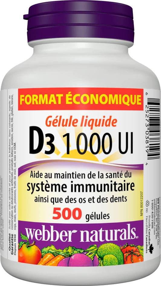 Webber Naturals Vitamin D3 1000 IU, 500 Softgels, For Healthy Bones, Teeth, and the Maintenance of Good Health