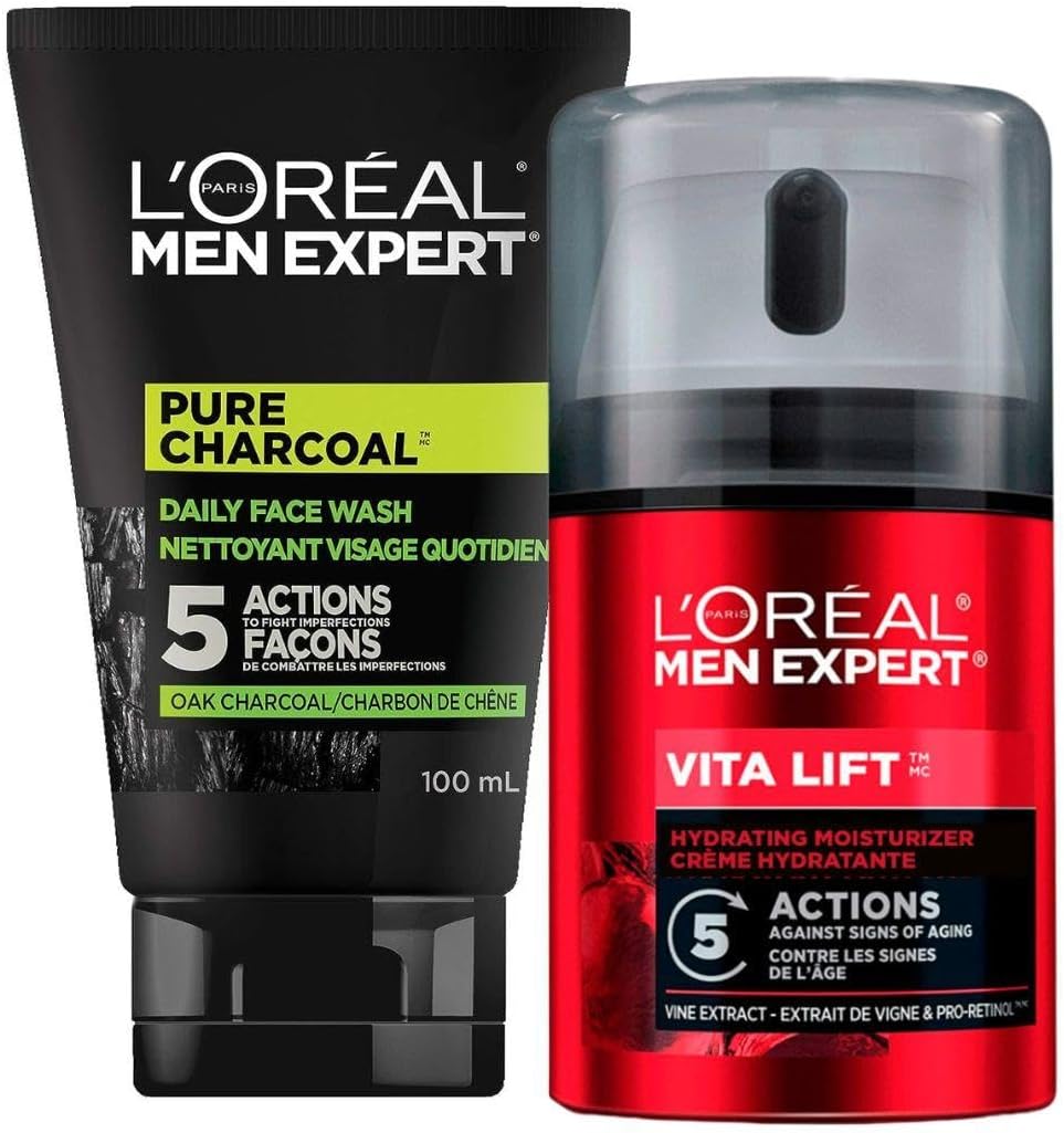 L’Oréal Paris Daily Face Wash + Hydrating Face Cream Kit, Men Expert Skincare, Pure Charcoal Face Wash, Removes Impurities and Reduces Blackheads & Vita Lift Face Cream, Duo Pack
