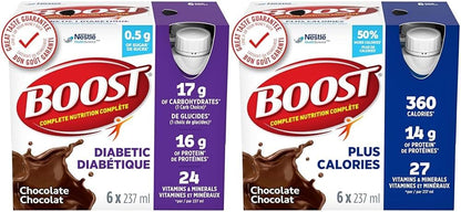 BOOST 糖尿病营养补充剂，巧克力味，6x237 毫升，每箱 4 瓶，包装可能有所不同 & PLUS 全营养饮料，巧克力味，6x237 毫升，每箱 4 瓶，包装可能有所不同