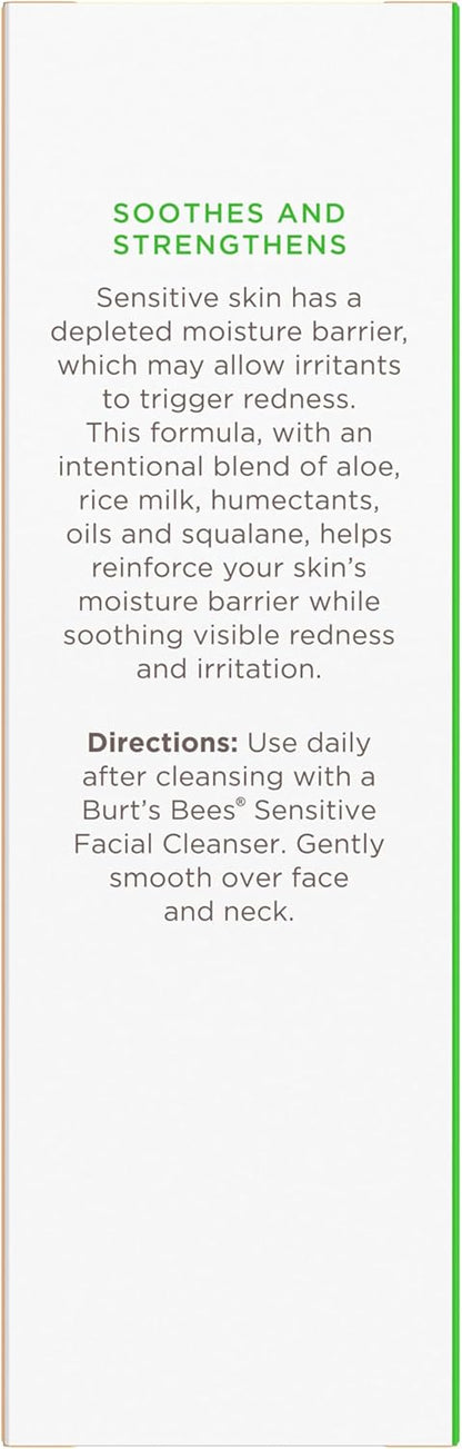 Burt's Bees Sensitive Hydrating Gentle Daily Face Cream Moisturizer Face Lotion for Sensitive Skin with Aloe and Rice Milk, 98.9% Natural Origin, Developed with Dermatologists, 51g