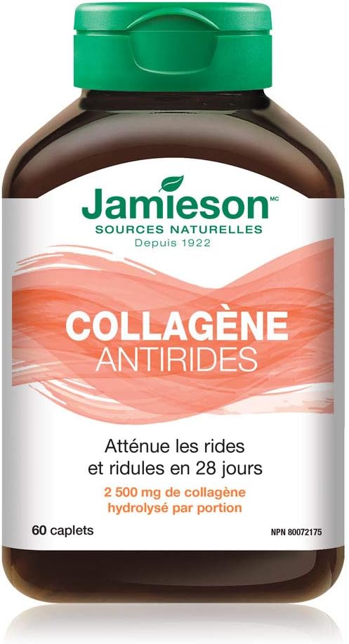 Jamieson 抗皺水解維麗素膠原蛋白 2,500 毫克，經臨床研究，28 天內減少細紋和皺紋，提升肌膚彈性。非基因改造，無麩質，60 粒膠囊，加拿大製造