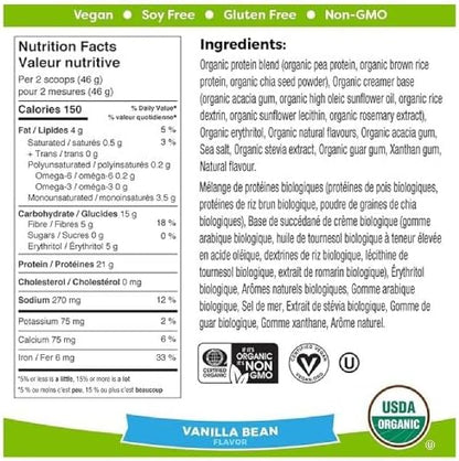 Orgain 有机植物基加拿大蛋白粉，香草豆 - 纯素、无乳糖、无麸质、无乳制品、无添加糖、无大豆、犹太洁食、非转基因，920 克（1 包）