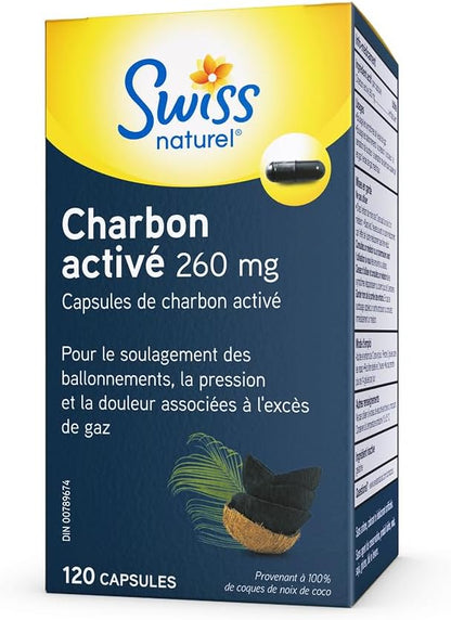 Swiss Natural® Activated Charcoal, 260mg | Relief for Bloating, Gas & Digestive Discomfort | 100% Coconut Shell Sourced | No Dairy, Gluten, or Preservatives | 120 Capsules
