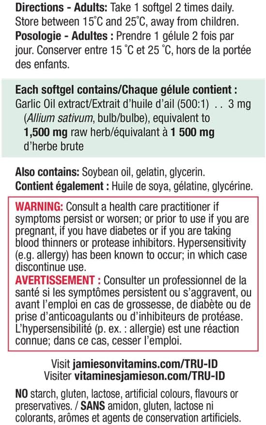 Jamieson Super Garlic Oil 1,500 mg, Extra Strength, Supports Heart Health, and Provides Immune Support. Non-GMO, Gluten-Free, 100 Softgels, Proudly Canadian