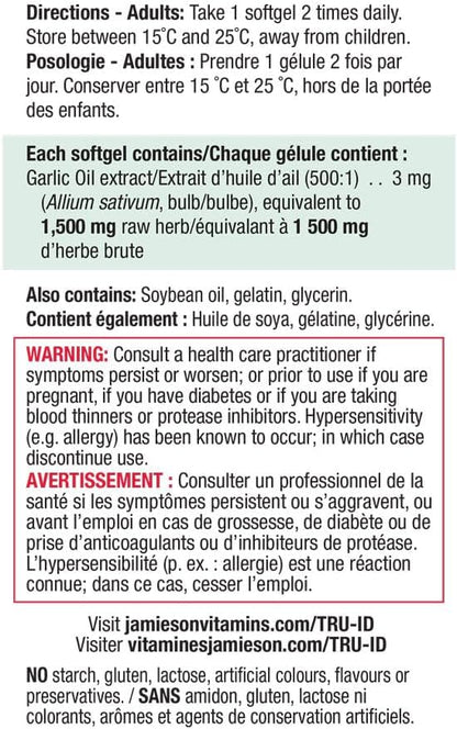 Jamieson Super Garlic Oil 1,500 mg, Extra Strength, Supports Heart Health, and Provides Immune Support. Non-GMO, Gluten-Free, 100 Softgels, Proudly Canadian