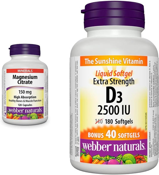 Webber Naturals Magnesium Citrate 150 mg, 120 Capsules, High Absorption Mineral & Vitamin D3 2,500 IU Extra Strength, 180 Softgels, For Healthy Bones, Teeth, and Helps Prevent Vitamin D Deficiency