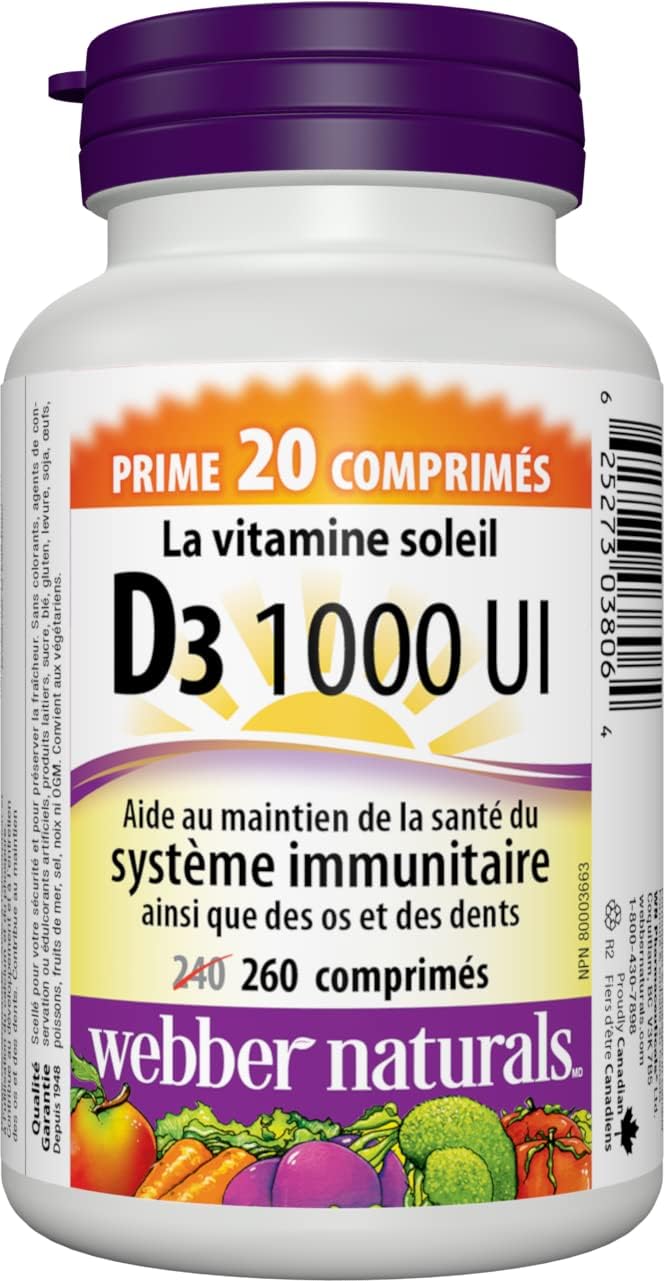 Webber Naturals Omega-3 300 毫克迷你装，220 粒透明肠溶无鱼腥味迷你软胶囊和维生素 D3 1000 IU，260 片，有助于骨骼和牙齿健康，维持身体健康