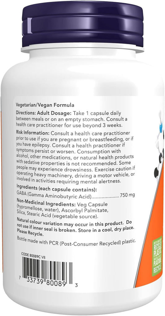 NOW Supplements GABA 750毫克植物膠囊，100粒