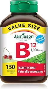 Jamieson 維生素 B12 甲鈷胺 1,000 微克，即溶，起效更快，天然補充能量，促進新陳代謝。素食，無麩質，天然野櫻桃味，150 片舌下片，加拿大製造