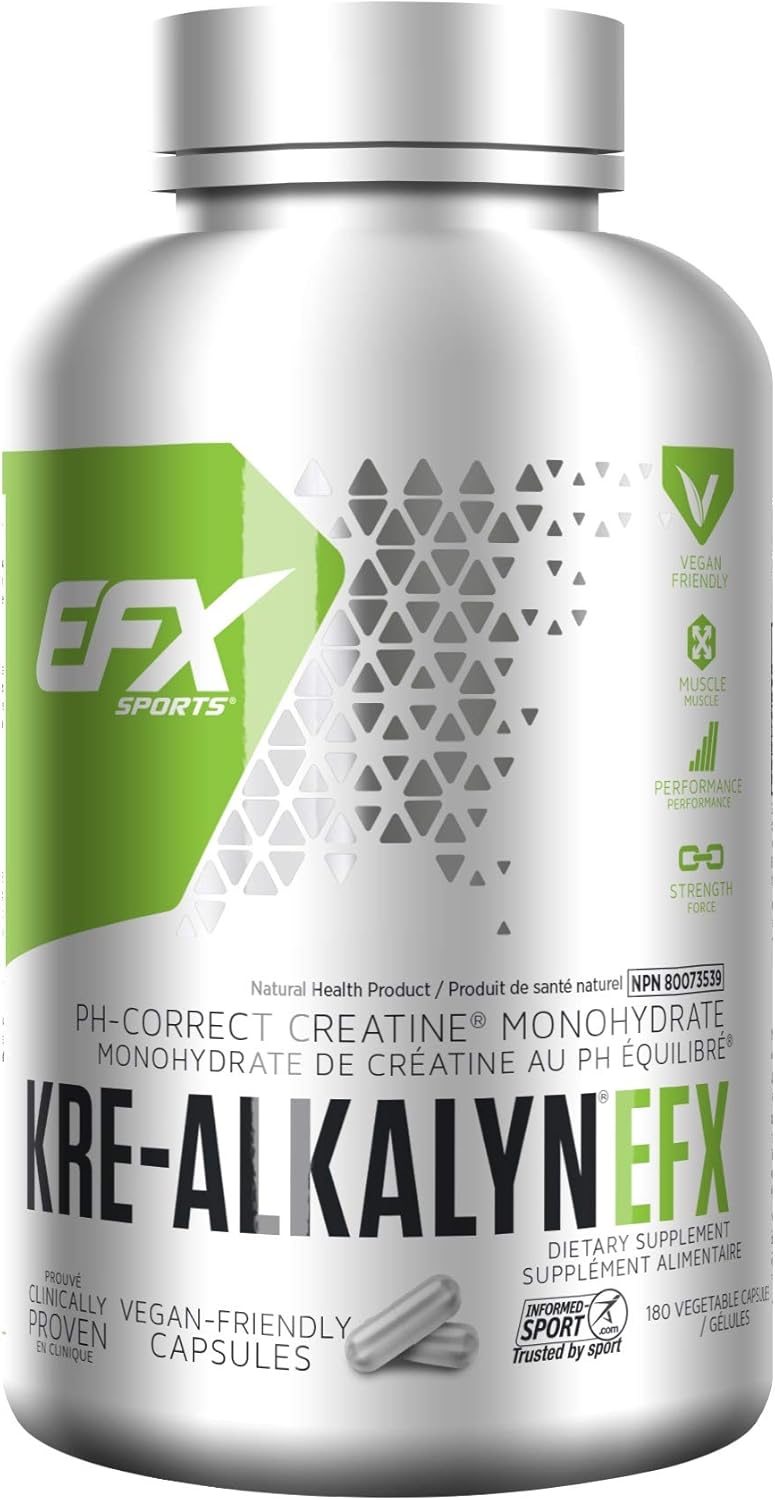EFX Sports Kre-Alkalyn | PH 值校正肌酸一水合物 | 多項專利配方，增強力量，鍛鍊肌肉，提升運動表現，不腹脹，不積水，180 粒素食膠囊