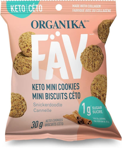 Organika Fav Keto 迷你饼干 - 肉桂糖饼干 - 健康、低碳水化合物、无负担零食 | 胶原蛋白 + 4 克蛋白质，生酮友好，无麸质，30 克 x 12 袋