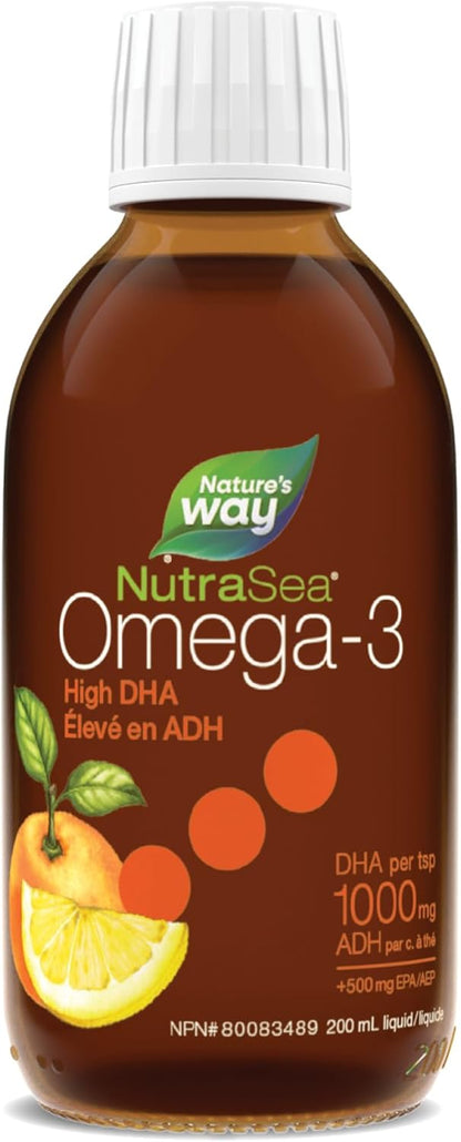 Nature's Way NutraSea Omega-3 High DHA - Fish Oil Omega-3 with 1500 mg EPA + DHA – Support Cardiovascular & Cognitive Health – Non-GMO - Juicy Citrus Flavour, 200 mL Liquid