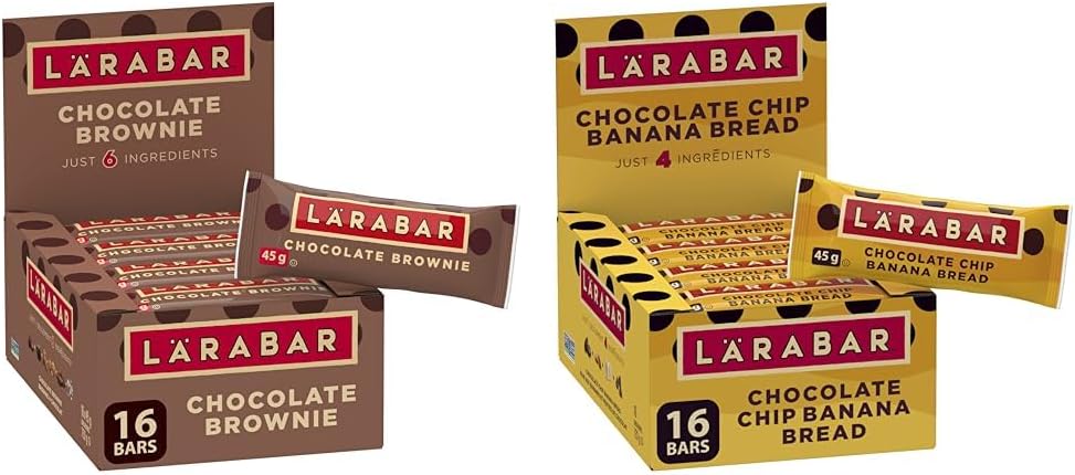 LÄRABAR 巧克力布朗尼、水果坚果能量棒和巧克力碎香蕉面包、水果坚果能量棒，16条装，无麸质，纯素，家庭装，零食棒，720克/包