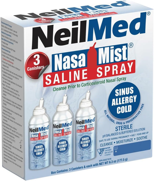 NeilMed NasaMist 生理盐水喷雾 177 毫升。全天然 pH 平衡缓冲溶液 - 采用特殊设计的喷嘴，舒缓、保湿、清洁肌肤。内含 3 罐