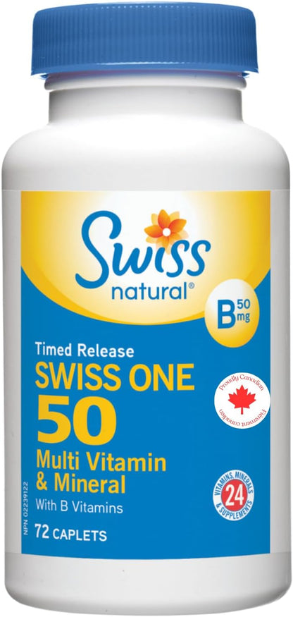 瑞士天然定時釋放 Swiss One 50 | 多效合一複合維生素和礦物質，含 B 群維生素 | 日常維護整體健康 | 無添加劑（72 粒膠囊）