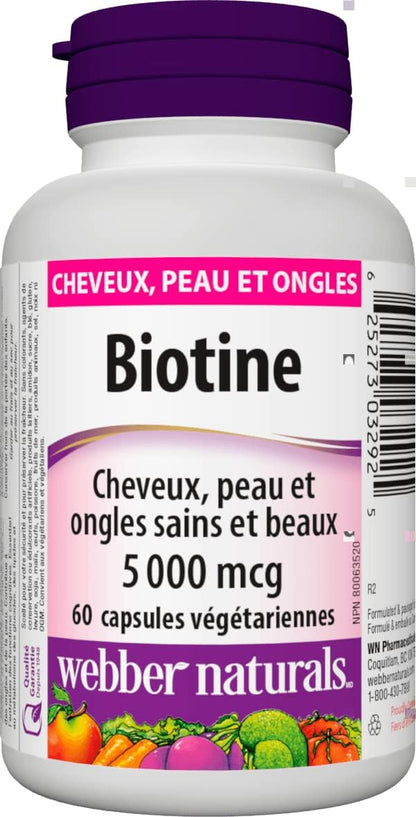Webber Naturals Biotin 5000 mcg, 60 Vegetarian Capsules, Supports Healthy Hair, Skin & Nails, Energy Metabolism, Vegan