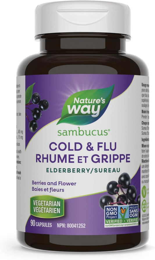 Sambucus Elderberry Cold and Flu Care Capsules, 90 Vegetarian Capsules, Non-GMO Project Verified