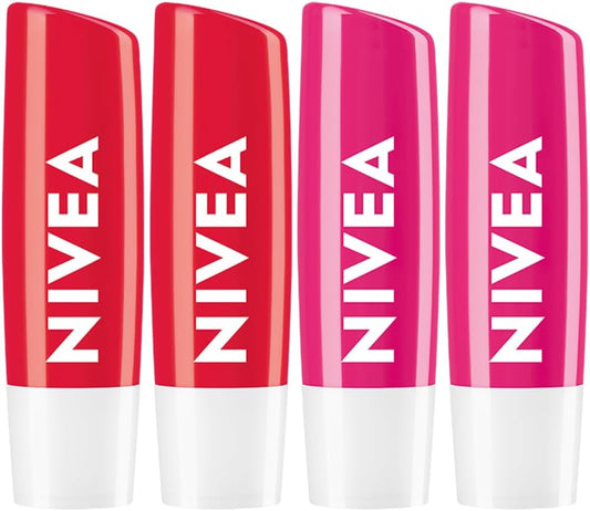 NIVEA 潤唇膏套裝 - 帶有光澤的色彩，草莓光澤（2 x 4.8g）+西瓜光澤（2 x 4.8g），含有乳木果油和保濕油，可 24 小時保濕