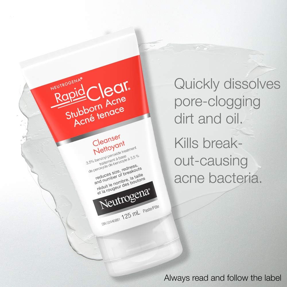 Neutrogena Acne Neutrogena Rapid clear stubborn acne Cleanser, 125 Milliliters & Acne Moisturizer, Pink Grapefruit Salicylic Acid Acne Treatment, 118 mL