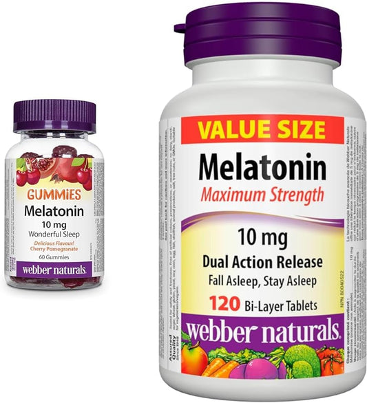 Webber Naturals Melatonin 10 mg Maximum Strength Gummy, 60 Gummies, Cherry Pomegranate Flavour & Melatonin 10 mg Maximum Strength, 120 Dual Action Release Tablets