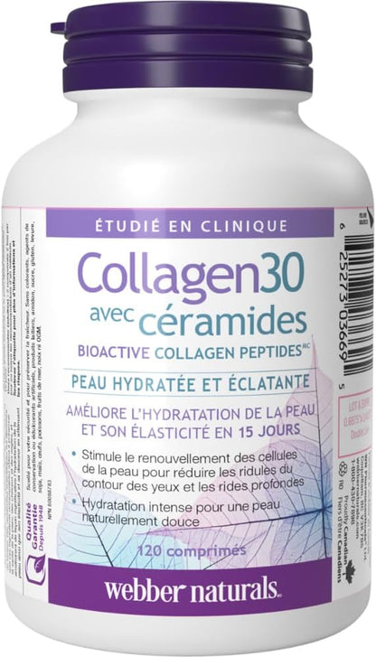 Webber Naturals Collagen30 含神經醯胺，生物活性膠原蛋白勝肽，120 片，保濕亮澤，有助於改善皮膚保濕、彈性和光滑度