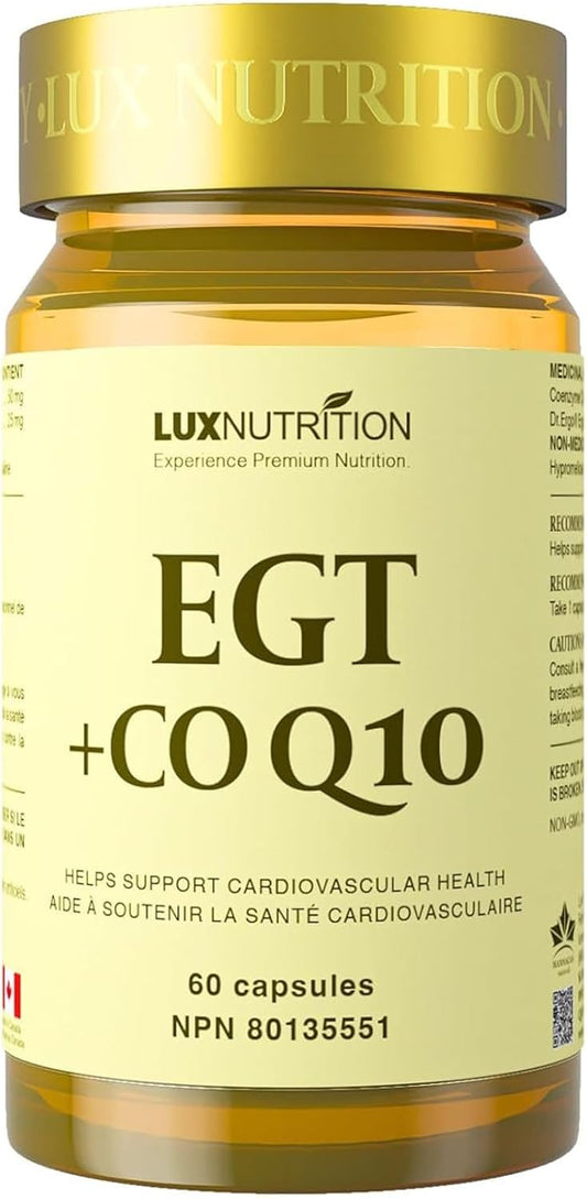 Lux Nutrition |EGT+CoQ10 50mg,Coenzyme Q10 + 25mg Dr.Ergo Ergothioneine,Cardiovascular Support, Cellular Energy & Mitochondrial Function | Proudly Made in Canada | 60 Capsules