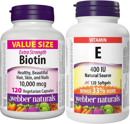 Webber Naturals 生物素 10,000 微克強效 + 維生素 E 400 國際單位套裝，有益於頭髮、皮膚和指甲健康