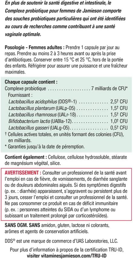 Jamieson 女性益生菌複合物，70 億活性細胞，支持消化系統健康、腸道健康、腸道菌叢和陰道健康。富含乳酸桿菌和雙歧桿菌，非基因改造，無麩質，45 粒素食膠囊