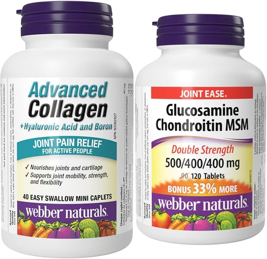 Webber Naturals 高級膠原蛋白（含透明質酸和硼）40 粒迷你膠囊和葡萄糖胺軟骨素 MSM（雙倍強度）120 片，有助於緩解骨關節炎引起的關節疼痛