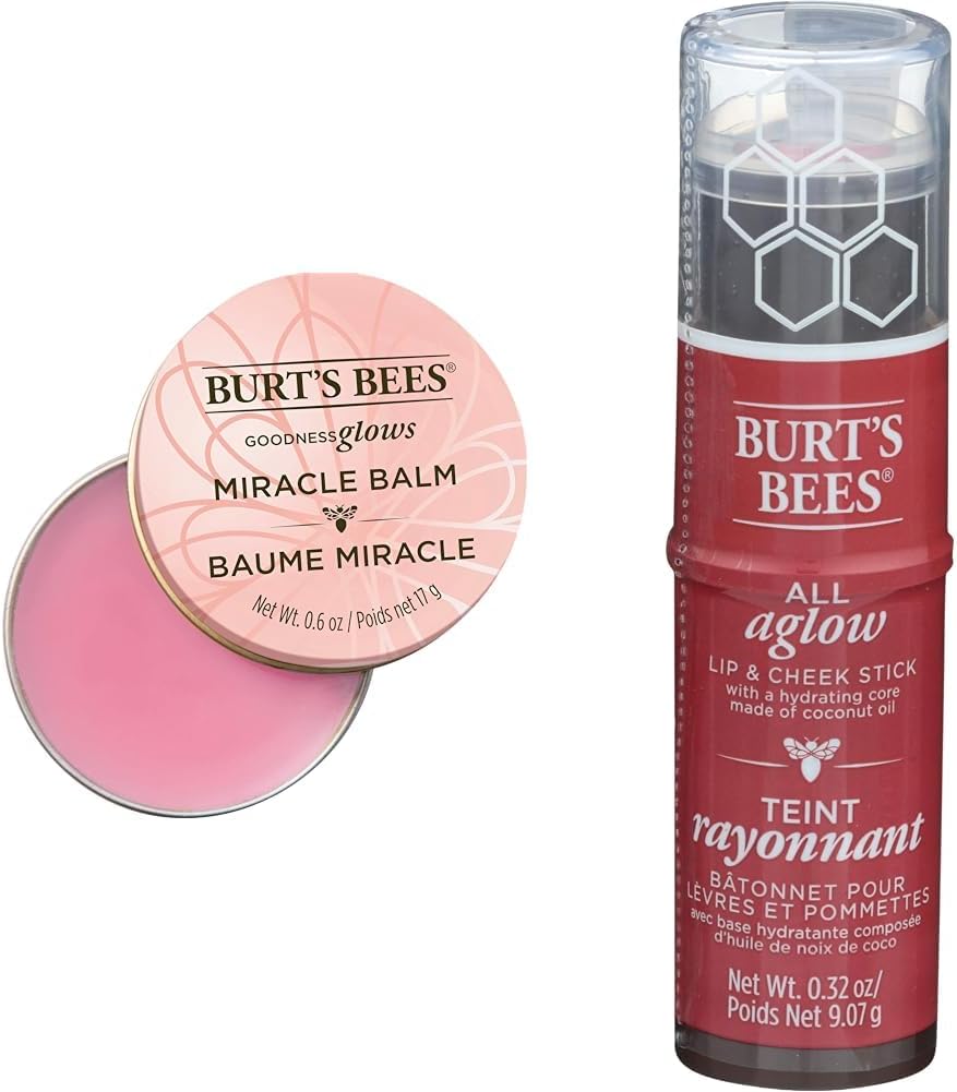 Burt's Bees 100% 天然煥彩奇蹟潤唇膏，軟化乾燥肌膚 - 17 克罐裝，1 支 & 100% 天然煥彩唇頰兩用棒，牡丹色，1 支