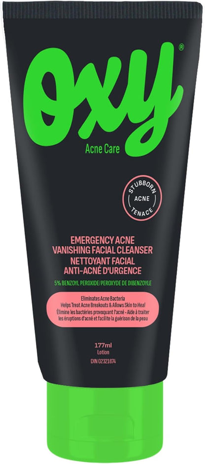 Oxy Emergency Acne Vanishing Facial Cleanser - 5% Benzoyl Peroxide – Stubborn Acne Control - Helps Treat, and Prevent Breakouts – Allows Skin to Heal - Fragrance Free - Dermatologist Tested
