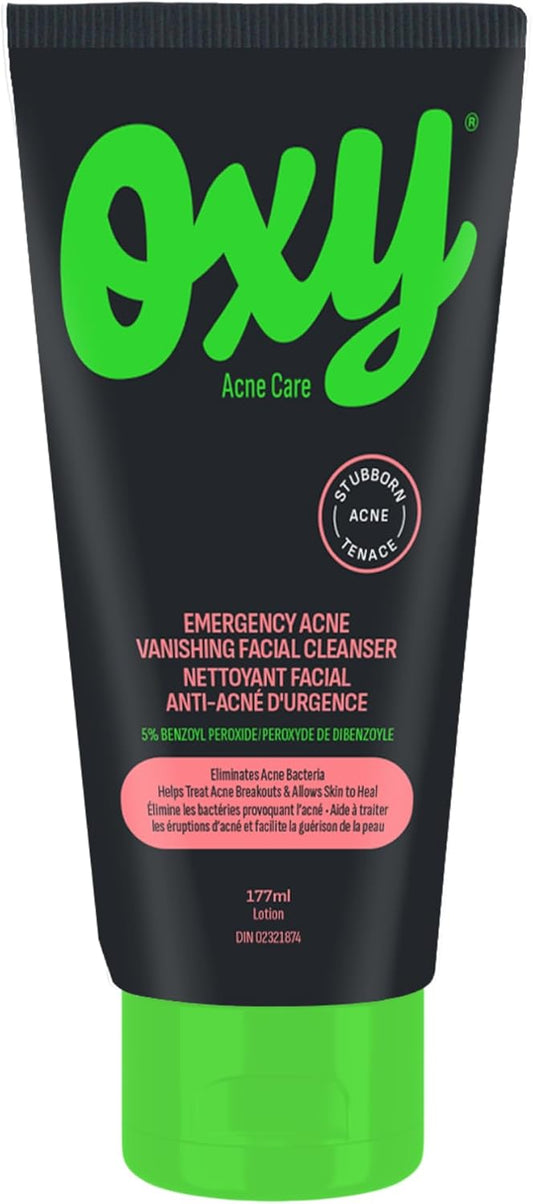 Oxy Emergency Acne Vanishing Facial Cleanser - 5% Benzoyl Peroxide – Stubborn Acne Control - Helps Treat, and Prevent Breakouts – Allows Skin to Heal - Fragrance Free - Dermatologist Tested