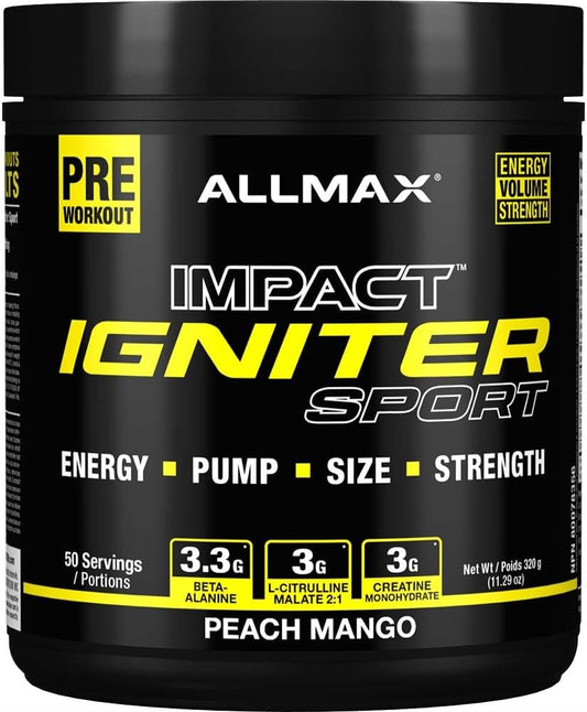 ALLMAX IGNITER 运动前补充剂，桃芒果味 - 320克，50份 - 增强能量、力量和泵感，含咖啡因、肌酸和β-丙氨酸