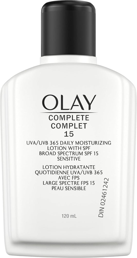 Olay Face Moisturizer, Complete with Sunscreen SPF 15, For Sensitive Skin, Fragrance Free, Daily Facial Lotion, Lightweight Hydrating Broad Spectrum Sun Protection - Vitamin C, E, and Niacinamide, 120 mL