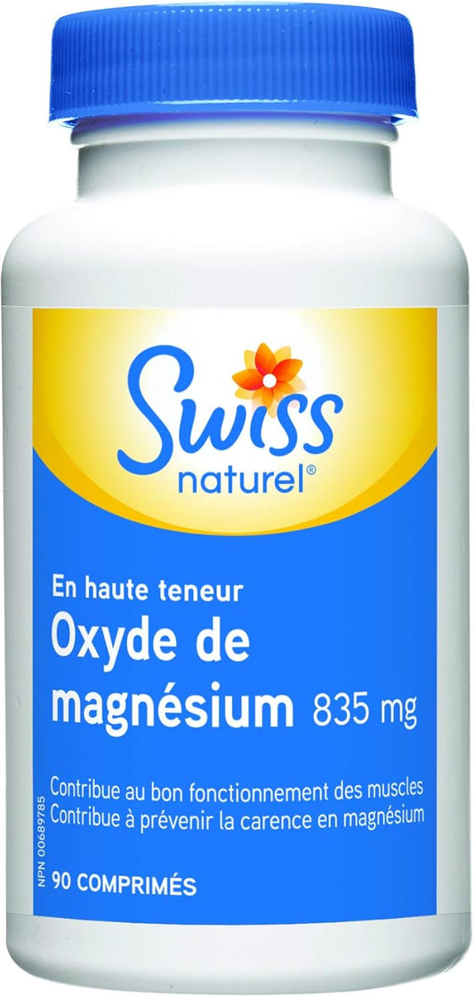 瑞士天然 – 氧化鎂，835毫克 | 高效力和吸收 – 正常心臟功能、神經系統、骨骼形成和肌肉健康 | 非基因改造、無麩質 | 不添加防腐劑 | 90片