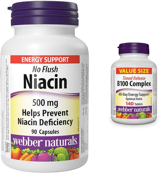 Webber Naturals Niacin 500 mg, 90 Capsules, No Flush, Vitamin B3 Supplement & Vitamin B100 Complex, Timed Release, 140 Tablets, Supports Energy Production