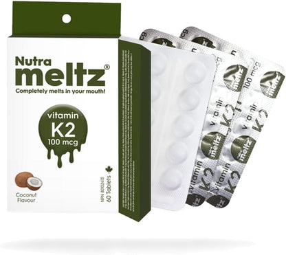 Nutrameltz 维生素 K2 100 微克 - 维生素 K2 作为 MK7 补充剂，用于强化牙齿、骨骼、促进心脏健康，速溶片，用于治疗维生素 K2 缺乏症 - 椰子味（60 片）