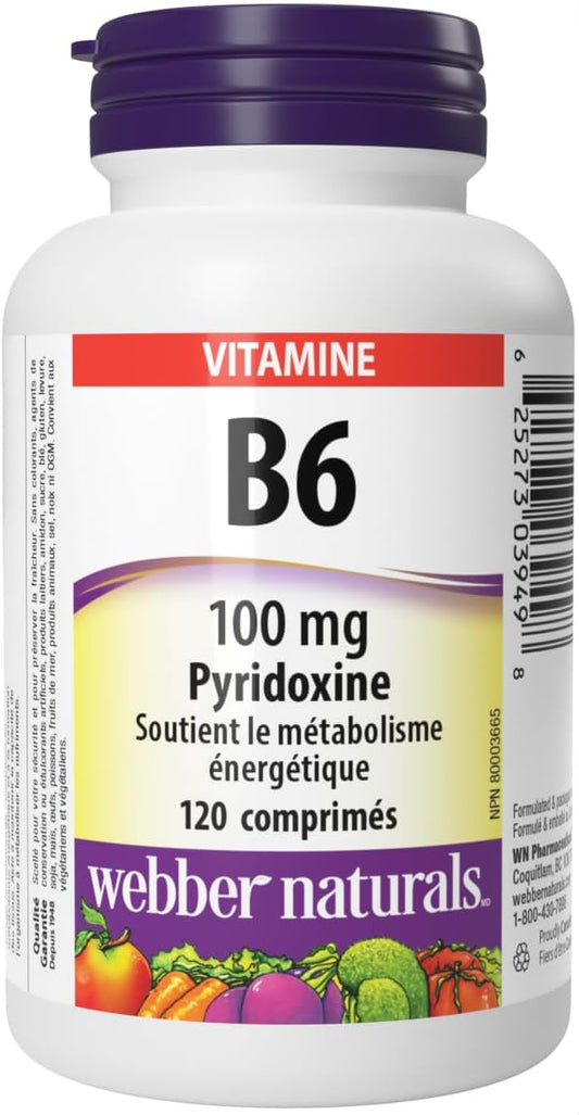 Webber Naturals Vitamin B6 Pyridoxine 100 mg, 120 Tablets, Supports Energy Metabolism, Vegan