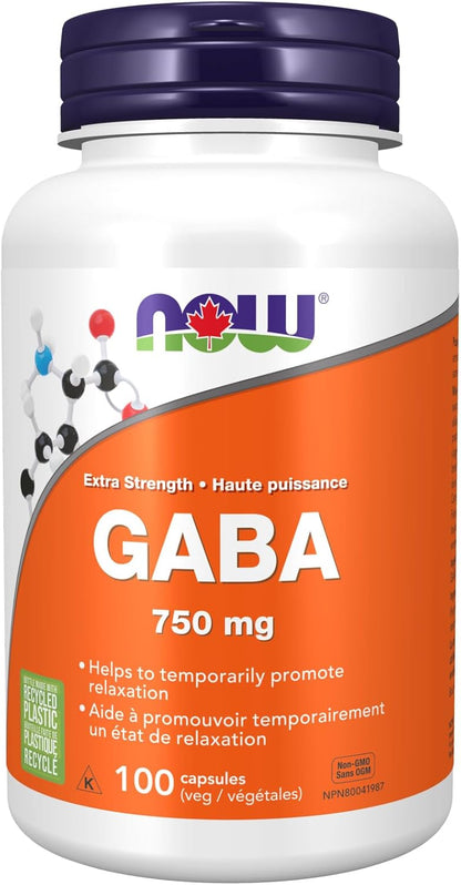 NOW Supplements GABA 750mg Vegetable Capsules, 100 Count