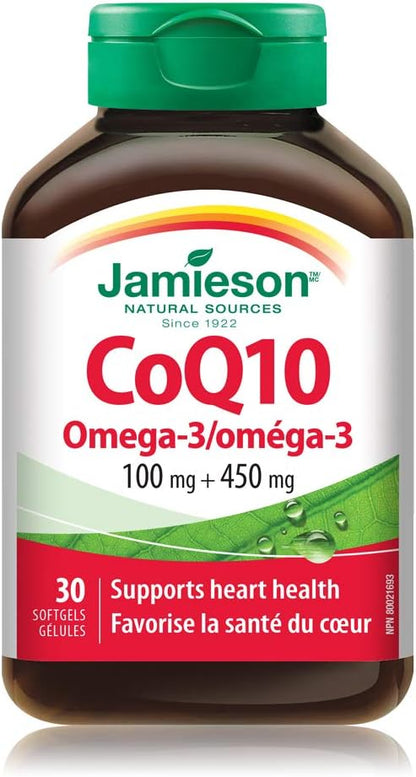 Jamieson CoQ10 100毫克，含450毫克Omega-3和輔酶Q10，支持心臟健康、大腦健康，並有助於預防偏頭痛。不含麩質和乳糖，30粒軟膠囊，加拿大製造