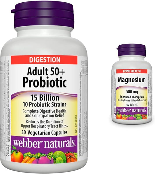 Webber Naturals Probiotic Adult 50+, 15 Billion Active Cells, 10 Probiotic Strains, 30 Capsules, For Digestive Health and Constipation Relief, Vegan & Magnesium 500 mg, 60 Tablets,