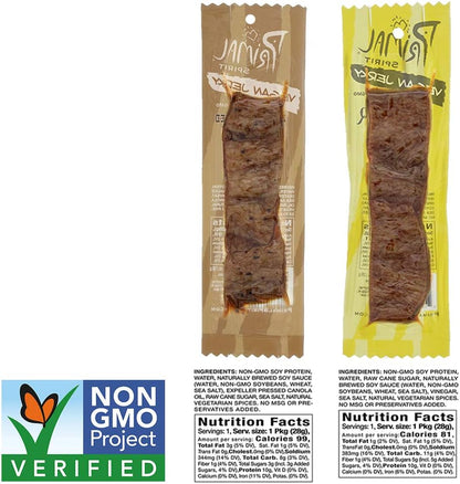 Primal Spirit Vegan Jerky - Soy Protein Energy Pack, 10 g. Plant Based Protein, Certified Non-GMO, No Preservatives, Sports Friendly Packaging The Classics Hickory Smoked and Texas BBQ (12-Pack, 1 oz)